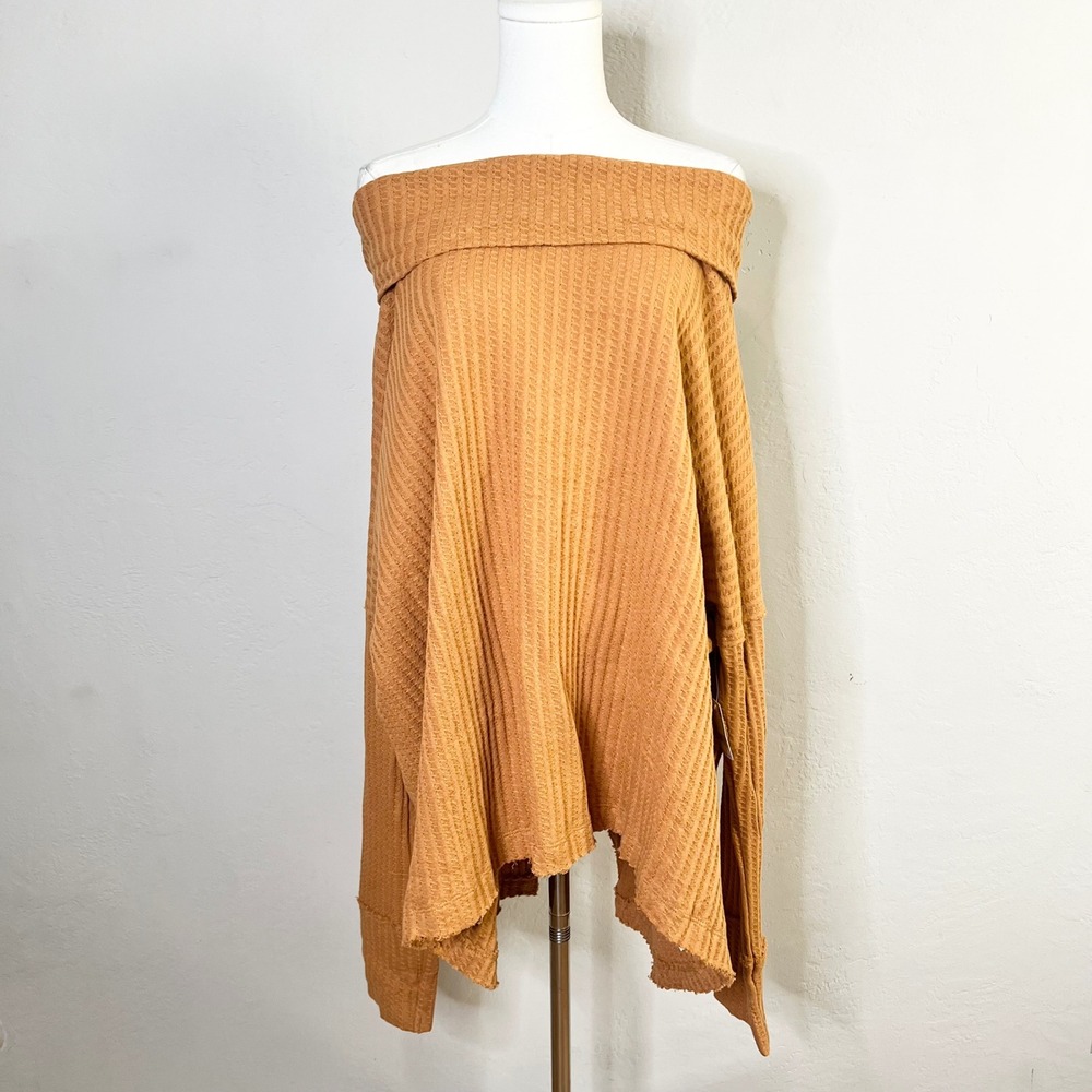 Free People Top Canyon Moon Juicy Size M Orange Off Shoulder Waffle Knit New